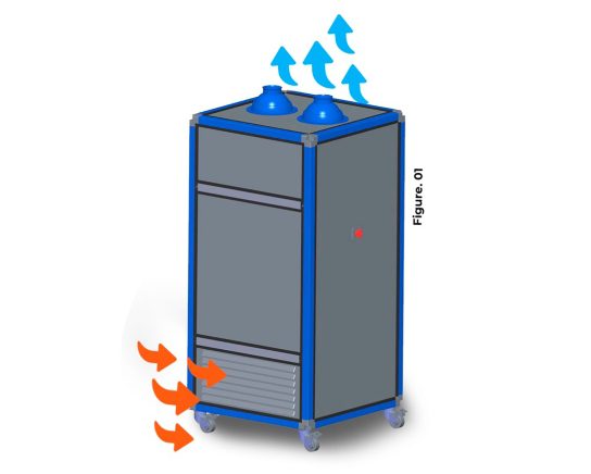 Air purifier with airflow direction indicators.