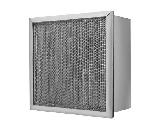 Metal mesh air filter in square frame.