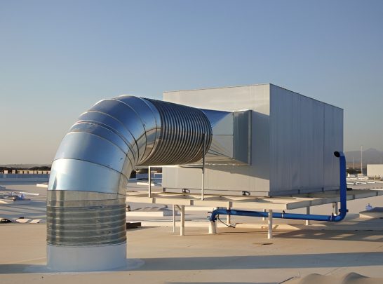 Rooftop HVAC system with metal ductwork.